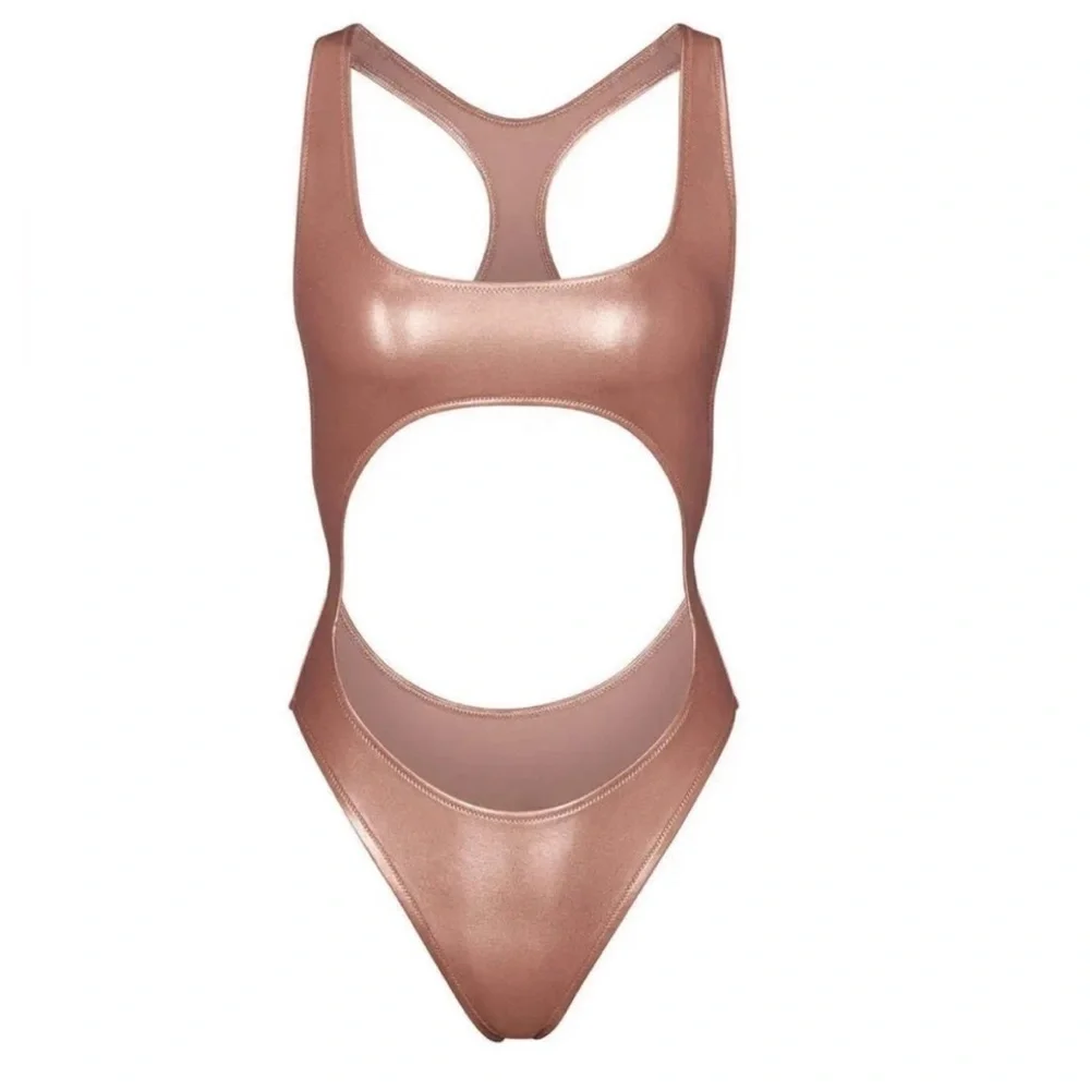SKIMS Metallic Swim Cut Out Monokini in Champagne Rose Gold NWT